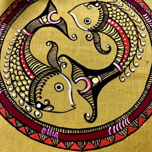 Alpona Maachh Mustard Yellow Handpainted Cotton Blouse Piece