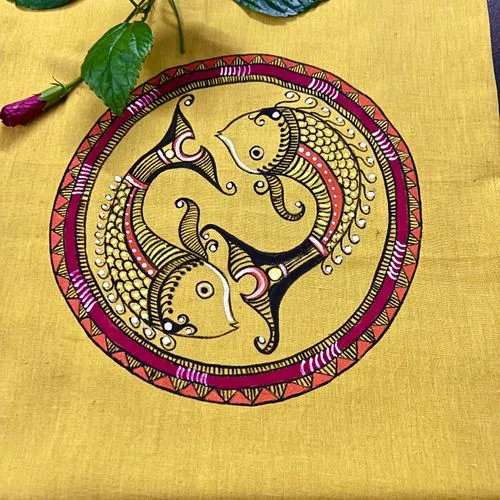 Alpona Maachh Mustard Yellow Handpainted Cotton Blouse Piece