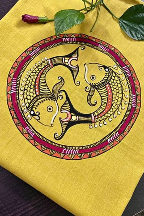 Alpona Maachh Mustard Yellow Handpainted Cotton Blouse Piece