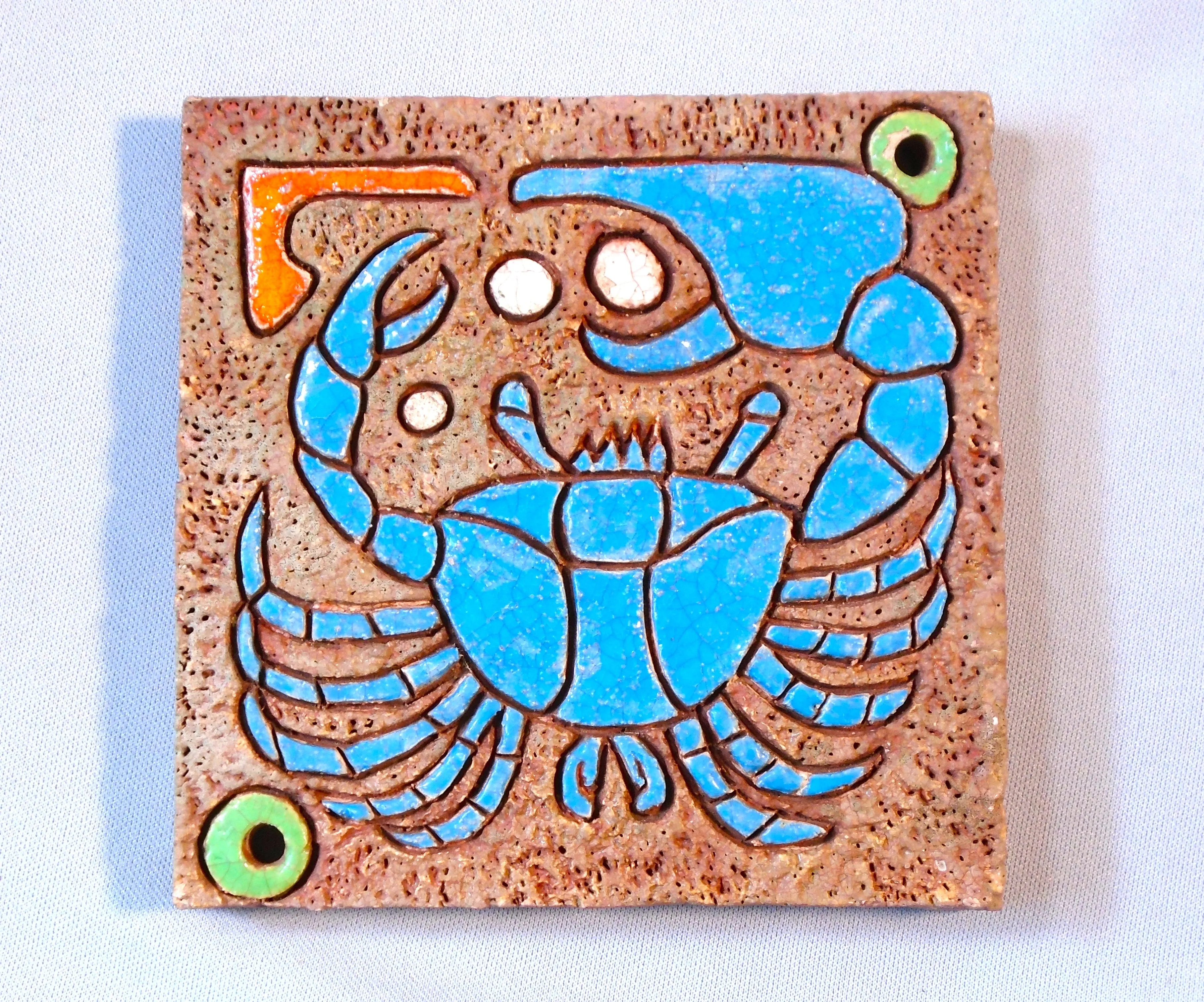 American Arts and Crafts Tile of a Blue Crab Gathering Pearls