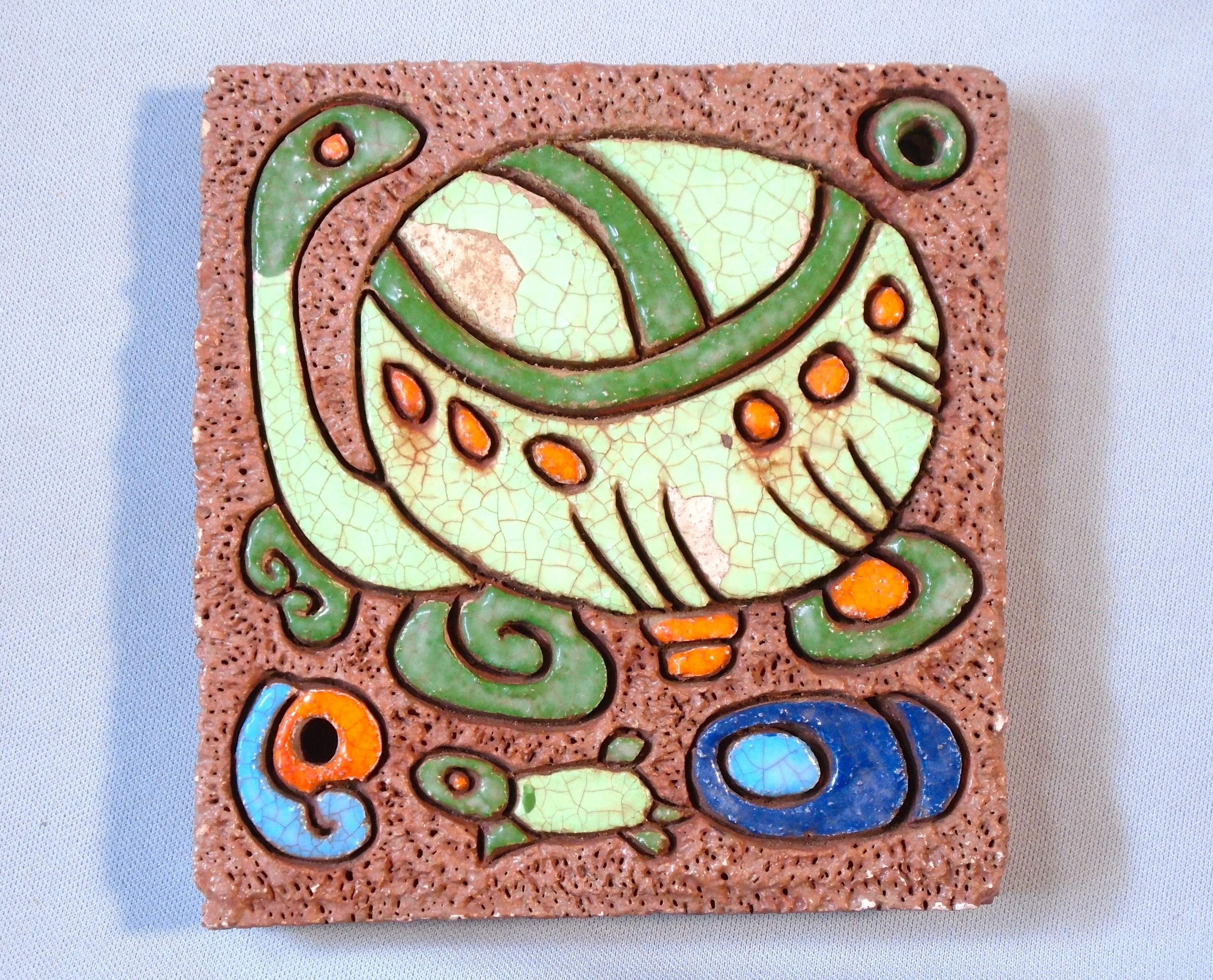 American Arts and Crafts Tile of a Turtle and Baby