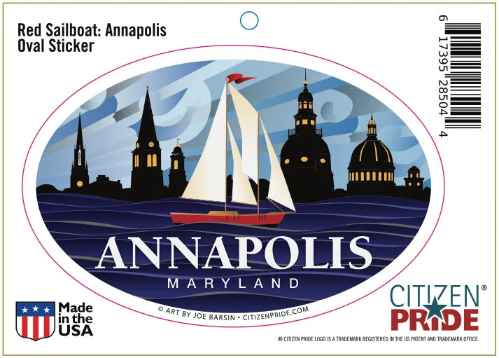 Annapolis Red Sailboat Oval Sticker, 6x4