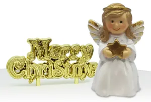 Anniversay House Nativity Angel Resin Cake Topper & Gold Merry Christmas Motto