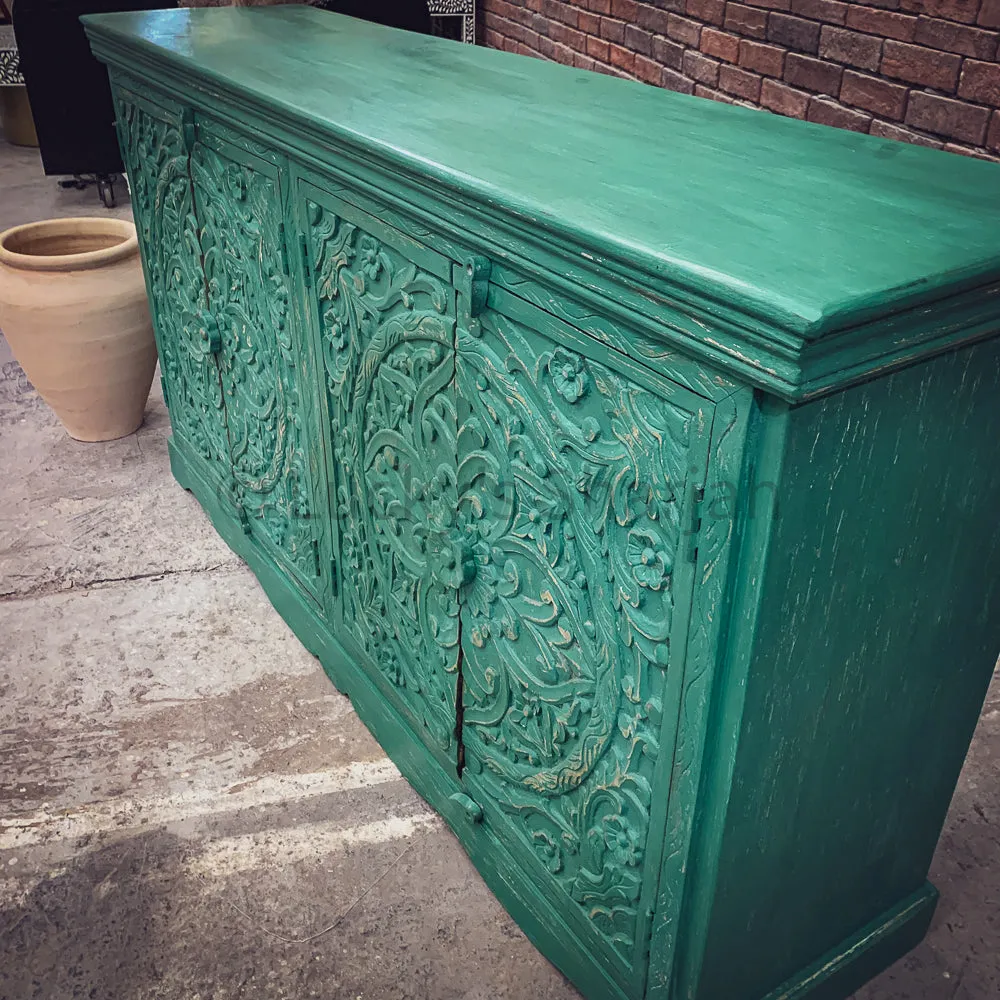 Carved vintage royal green sideboard