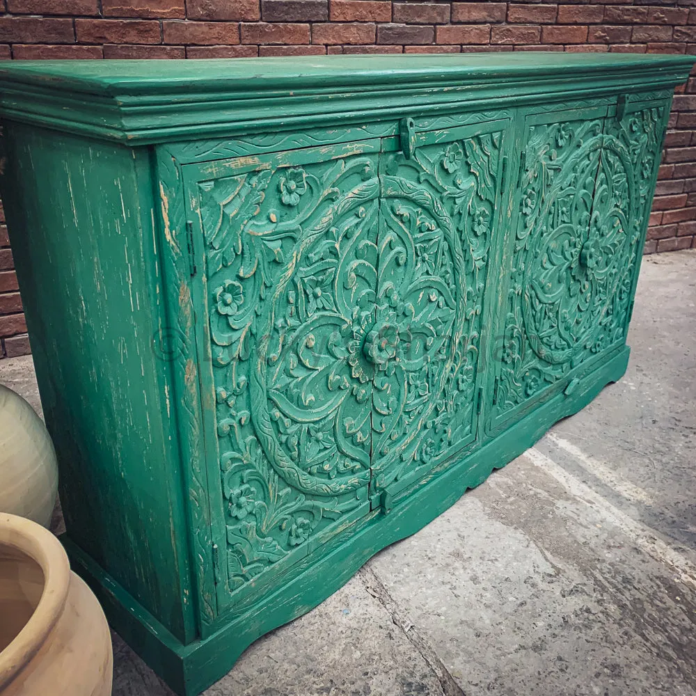 Carved vintage royal green sideboard