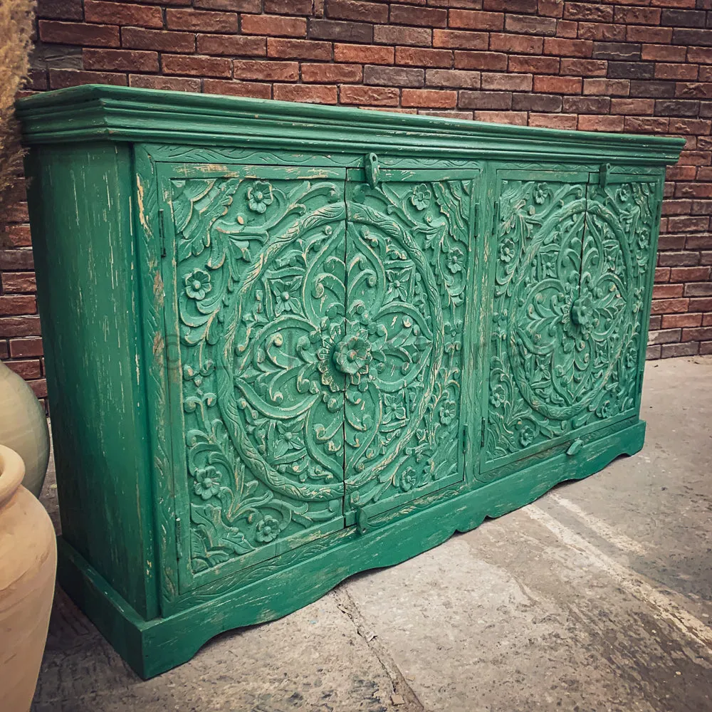 Carved vintage royal green sideboard