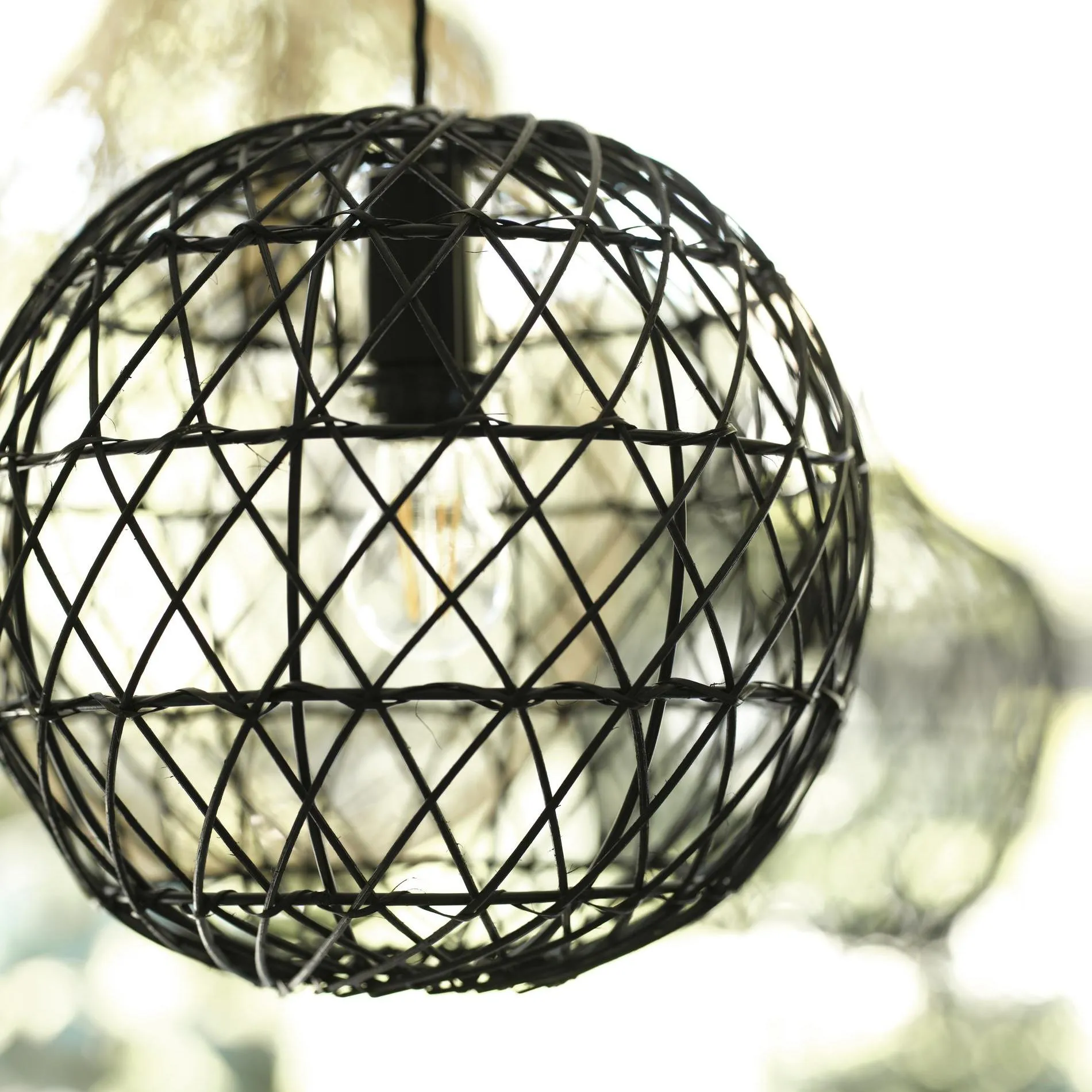 Coastal Rattan Ceiling Pendant Light - 12 inch - Globe - Black