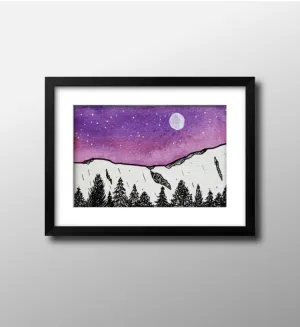 Mini Watercolor Landscape Night Sky Painting