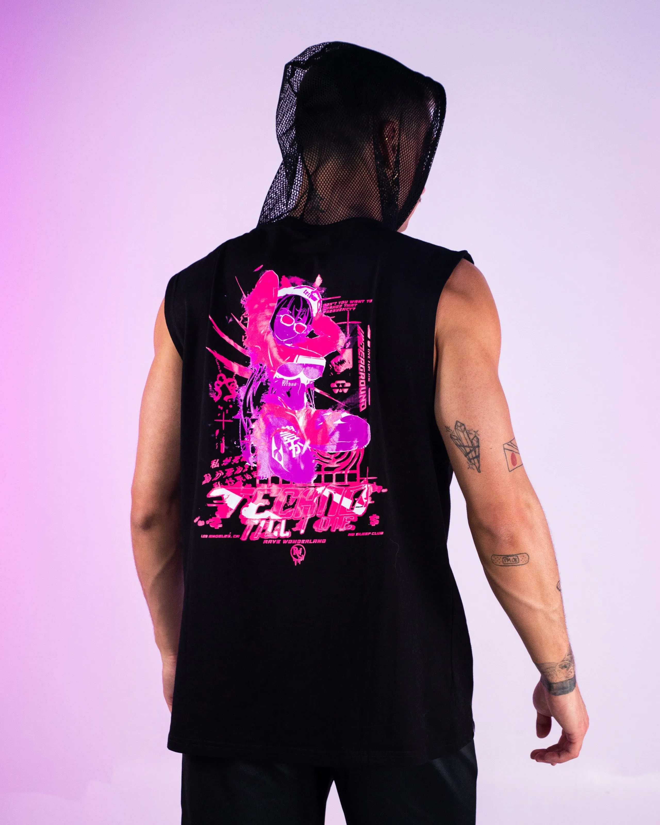 Ms. Techno Baddie Anime UV Neon Pink Fishnet Sleeveless Hoodie