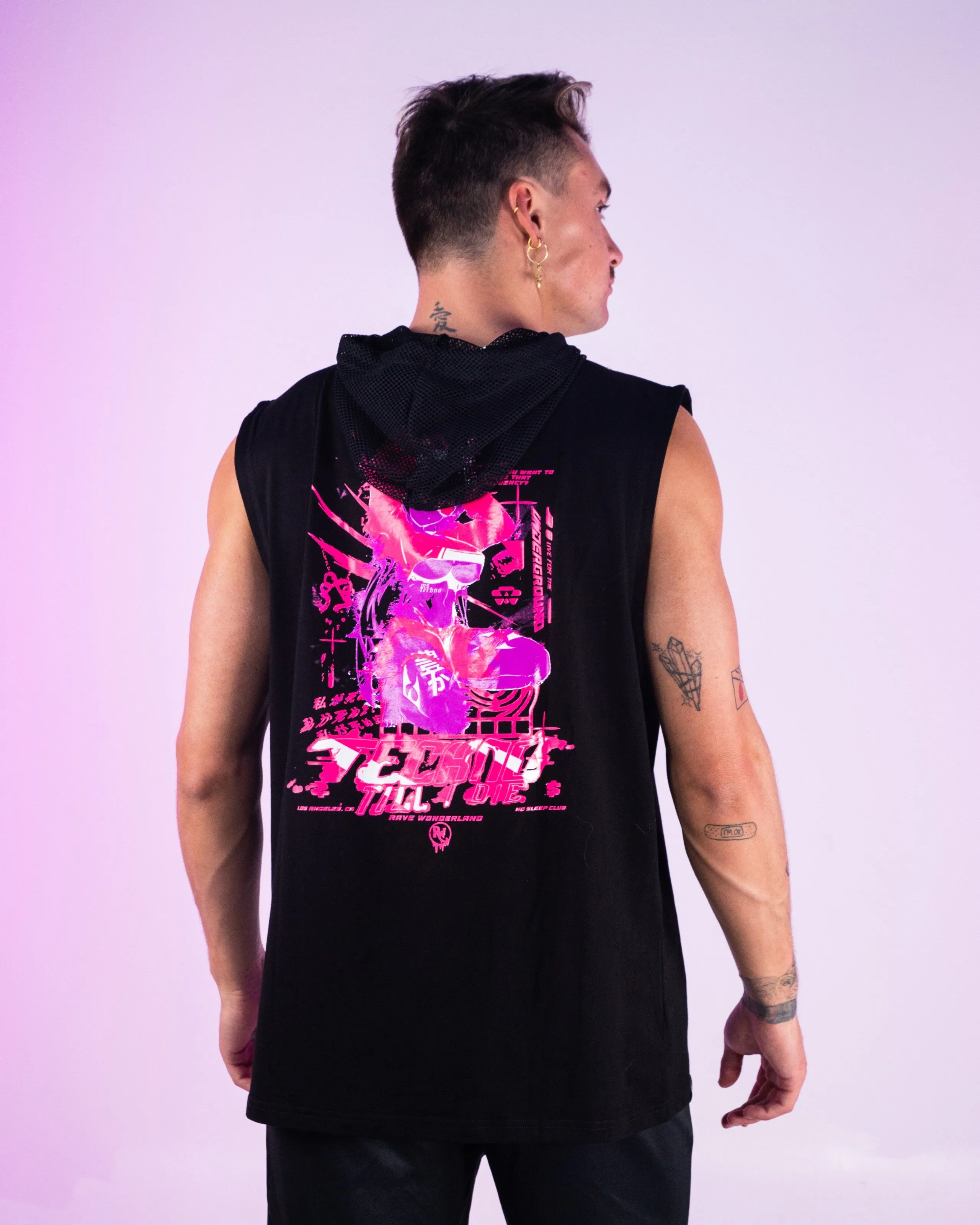 Ms. Techno Baddie Anime UV Neon Pink Fishnet Sleeveless Hoodie