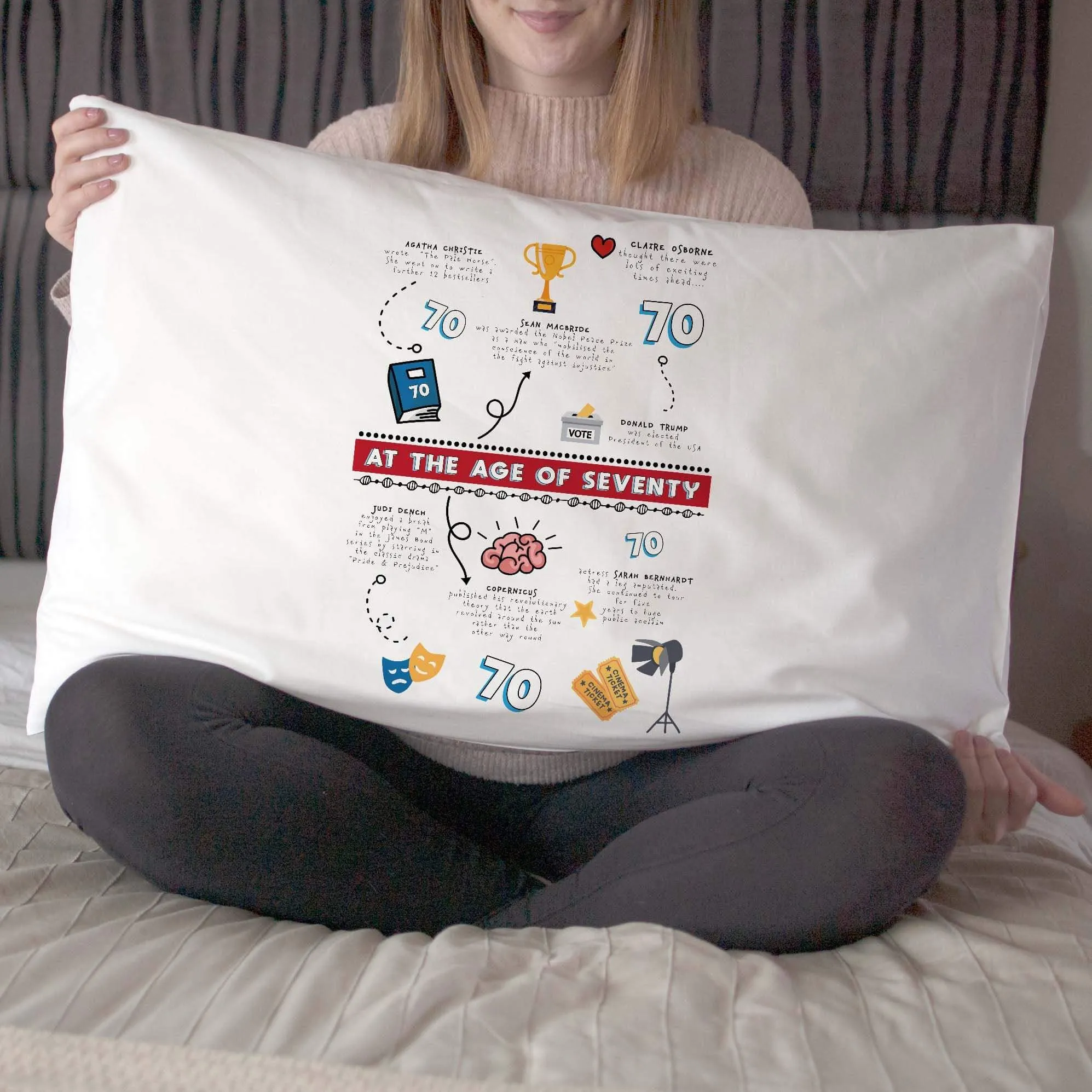 Personalised 70th birthday gift pillowcase, celebrating achievements of 70 year olds