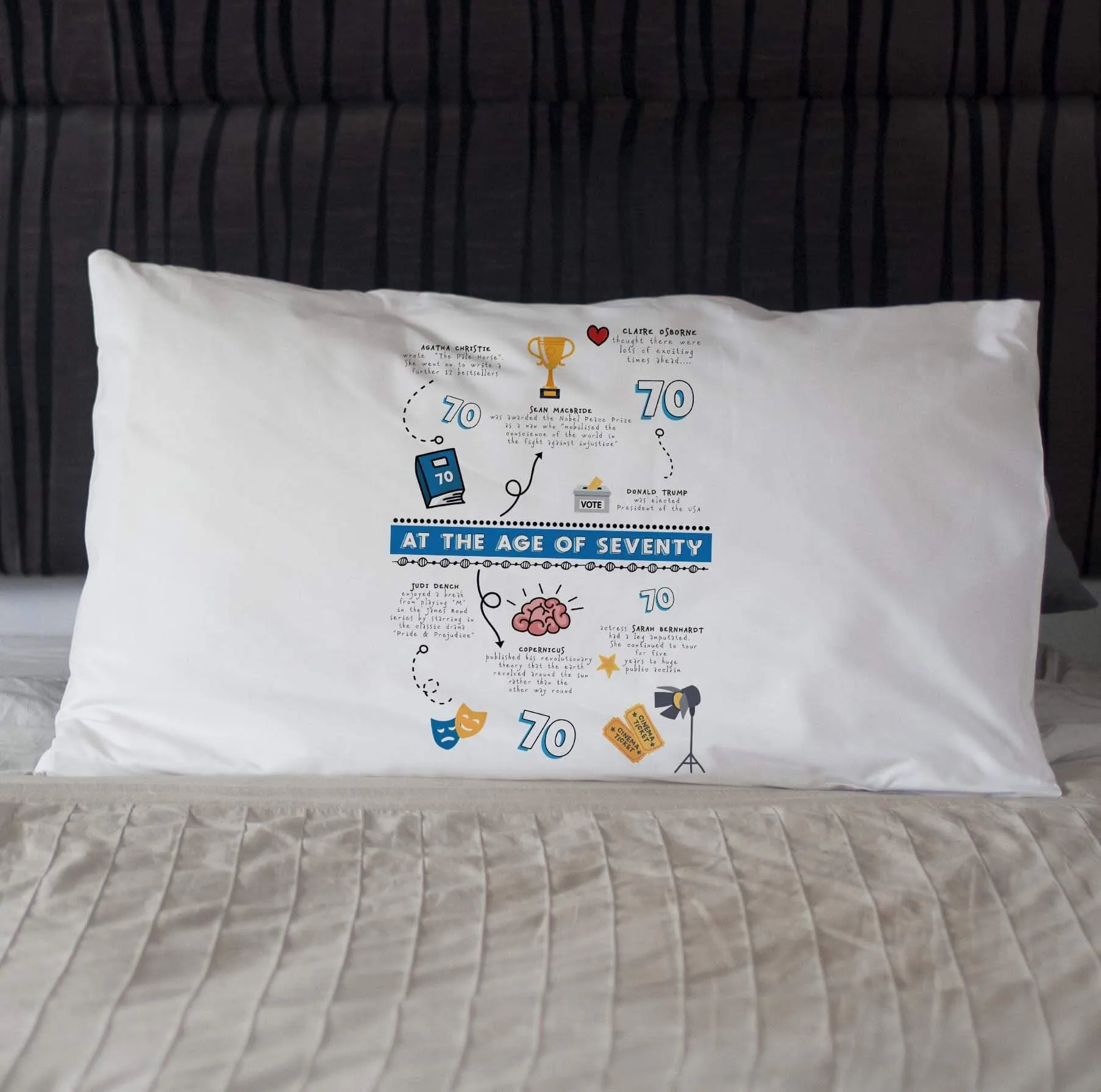 Personalised 70th birthday gift pillowcase, celebrating achievements of 70 year olds