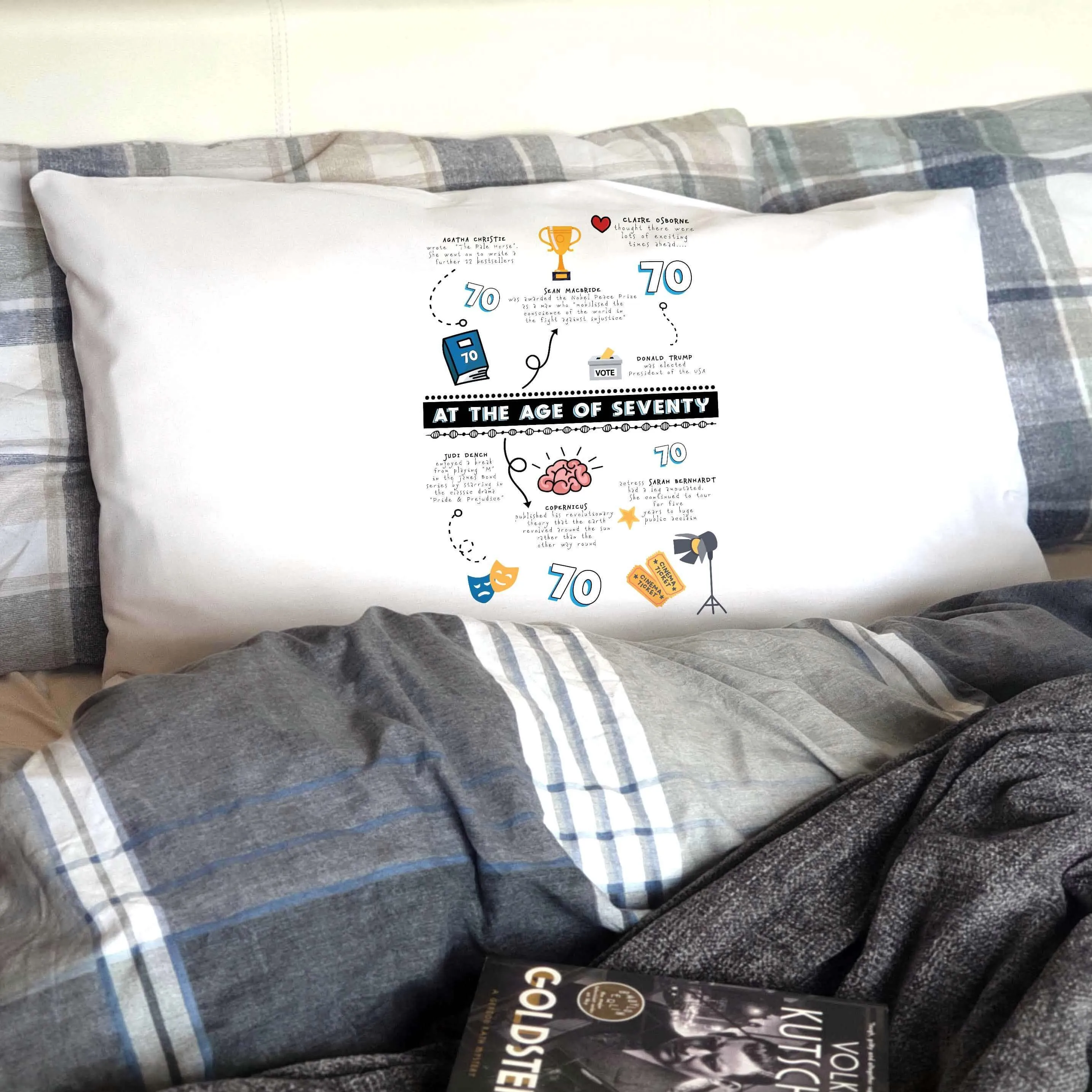 Personalised 70th birthday gift pillowcase, celebrating achievements of 70 year olds