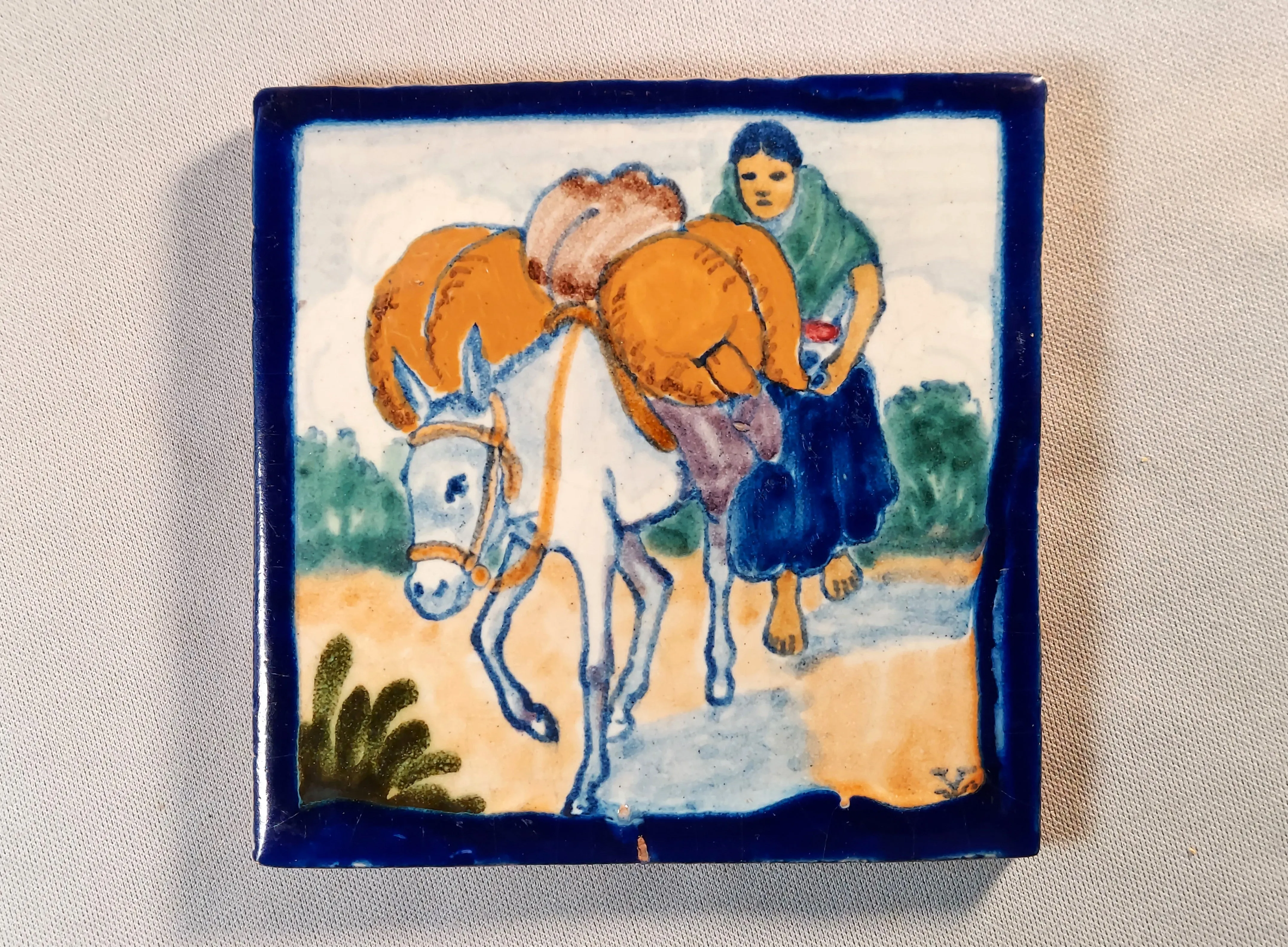 Talavera Tile by Uriarte, Woman and Burro