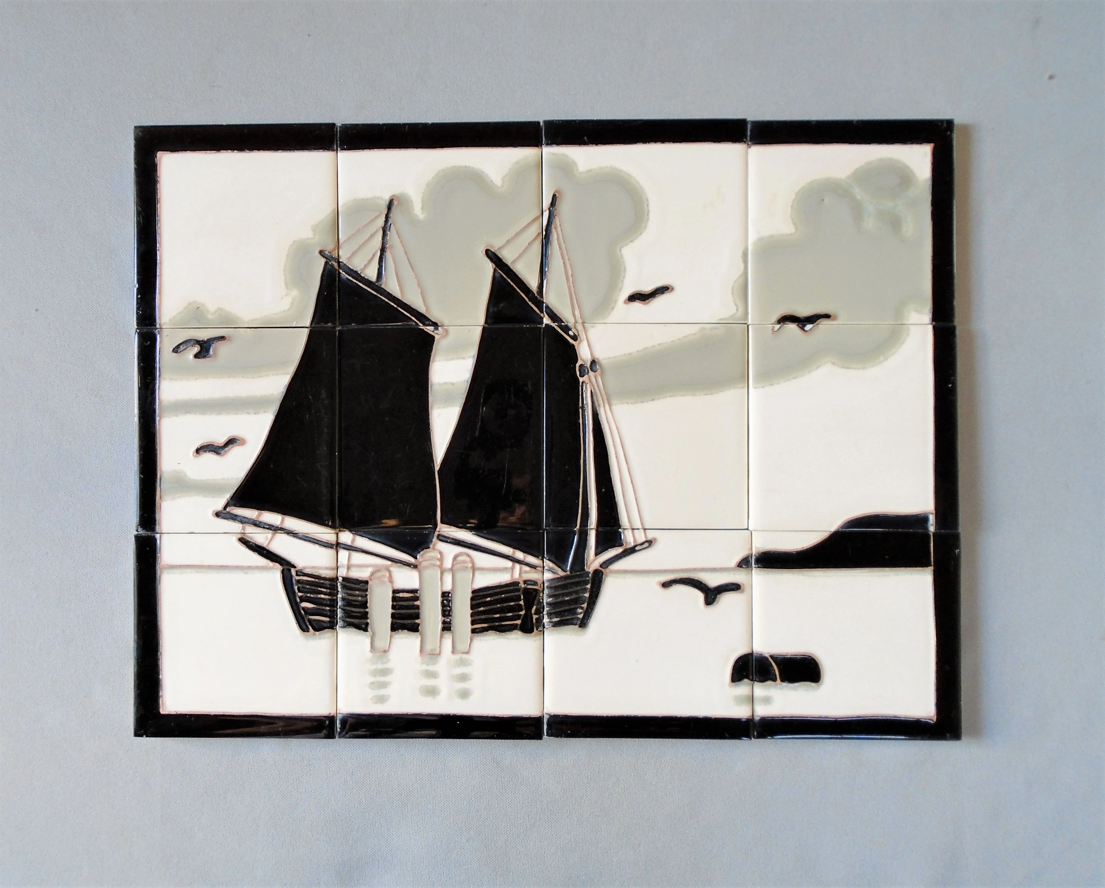 Vintage Art Deco Tile Mural of a Sailboat by Wheeling