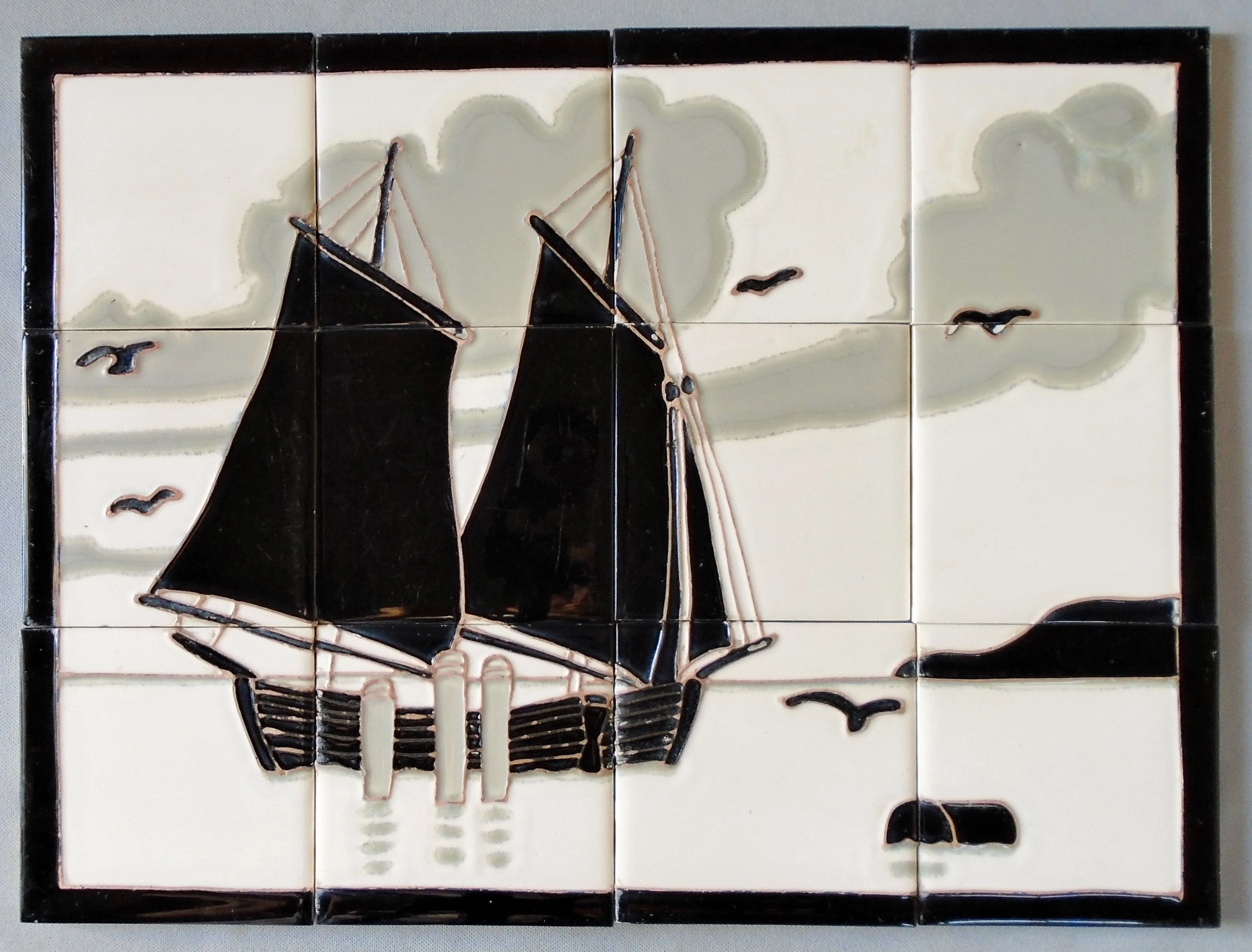 Vintage Art Deco Tile Mural of a Sailboat by Wheeling