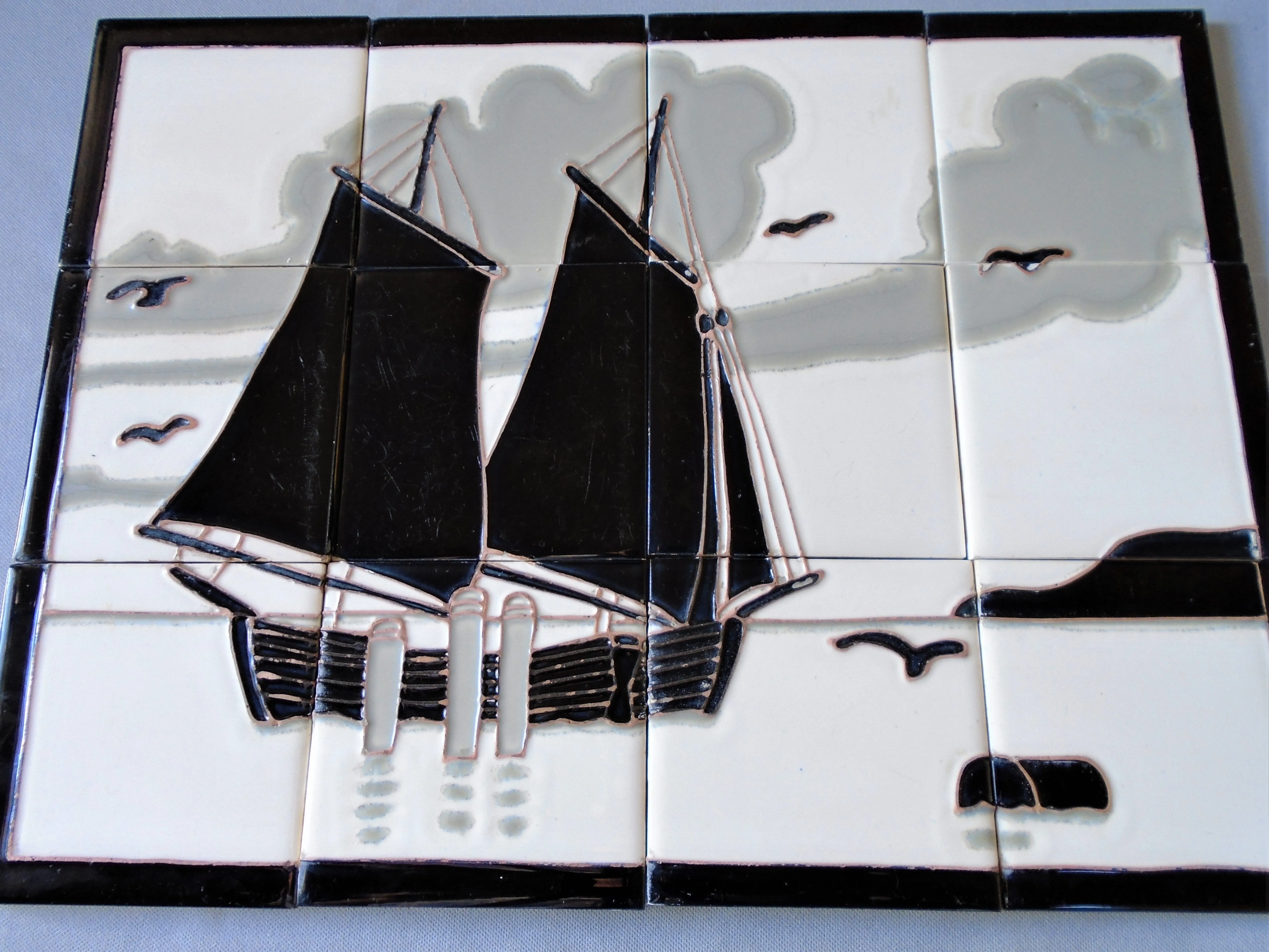 Vintage Art Deco Tile Mural of a Sailboat by Wheeling